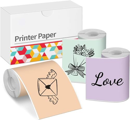 Papel Adhesivo Papel Térmico de Color 50 mm x 3,5 m para Mini Impresora T02/M02L/M02X, Papel de Impresora Adhesivo Mantener 20 Año para Diario Nota Texto de Estudio Foto, 3 Rollo Menta Púrpura Naranja