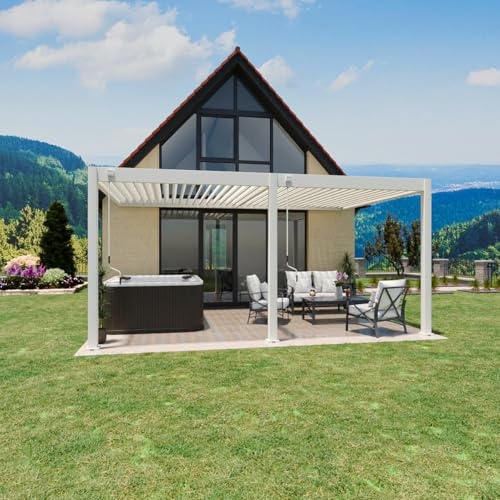 Weide Deluxe Aluminium Pergola zur Wandmontage mit verstellbarem Lamellendach | Witterungsbeständiger Pavillon für Terrasse & Garten mit Handkurbel und Wasserablauf 3.6 x 5.3 m Weiß