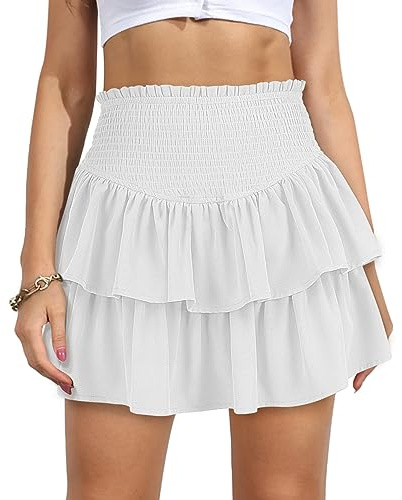 Vigorics Mini Jupe à Volants Taille Haute pour Femme - Jupe Courte à Volants avec Short en Dessous, Blanc, Taille S
