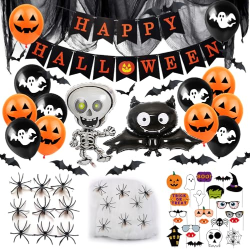 Set Addobbi per Feste Horror con Palloncini, Garza Nero, Ragnatele, Ragni Falsi, Pipistrelli 3D, Striscione, Foto Props per Decorazione Halloween