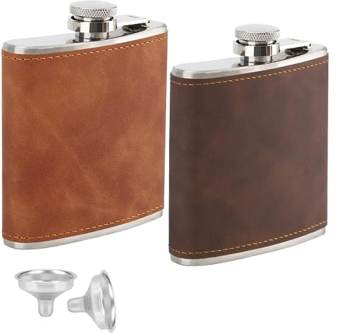 Vokowin 2 pcs 6oz Hip Flask with 2 Funnels, Stainless Steel Portable Pocket Whiskey Flask with Leather Wrapped Cover, Leak Proof Hip Flask for Men Women Travel Gift (Brown, Coffee)(K286-2)