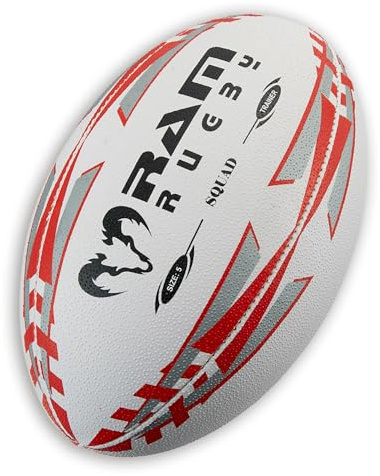 Ram Rugby Squad Trainingsball, 3D-Grip für Optimale Ballkontrolle | England Designed, Top-Qualität, Handgenäht, mit Pumpe, Größen 3-5