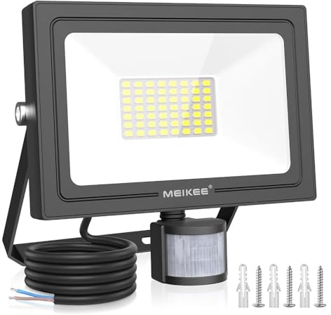 MEIKEE 50W Projecteur Led avec Détecteur de Mouvement 30s 4700LM Blanc Froid 6500K IP66 Étanche Éclairage de Sécurité Spot LED avec Detecteur pour Exterieur, Jardin, Patio, Garage, Entrée