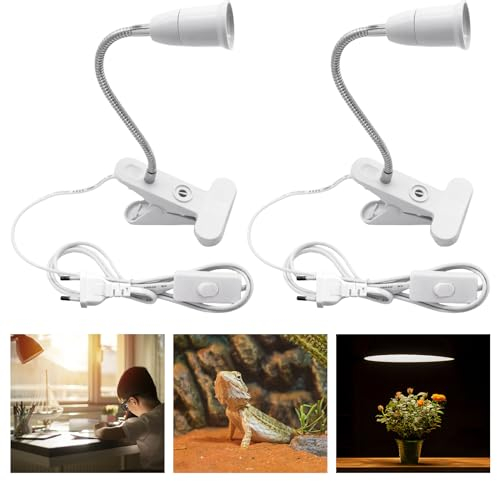 Sporgo 2 Stück E27 Klemmleuchte Lampenfassung mit Clip, Schreibtischlampe Klipp Lampensockel Halterung Tischlampe, 30 cm Flexibler Schwanenhals Klemmlampe Bett mit Schalter für Leselicht, Buchlampe