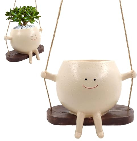 Huahuanghui Blumentopf Hängend mit Schaukel Gesicht,Hängetopf mit Lächelgesicht,Blumenampel Hängend für Sukkulenten Blumen und Pflanzen Innen Außen Garten Balkone Dekor