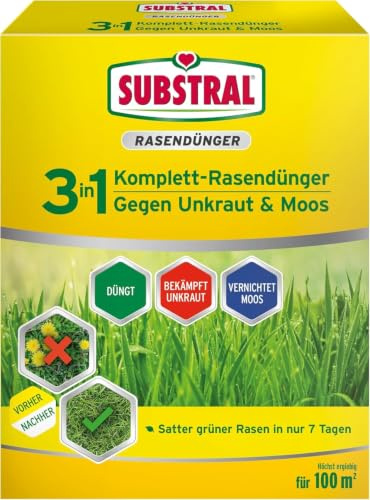 Substral 3in1 Komplettrasendünger 3,6kg 100m² gegen Unkraut + Moos im Rasen | 3in1 Dünger Unkraut- und Moosbekämpfung | Regeneriert Rasenlücken | Für bis zu 100 m²
