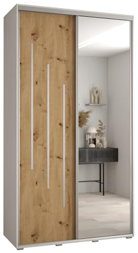ABIKSMEBLE Cannes 9 Armoire Moderne à 2 Portes Coulissantes avec Barre, Étagères et Miroir - Armoire de Rangement pour Chambre, Salon - 205,2x130x45 cm - Blanc Artisan Argent