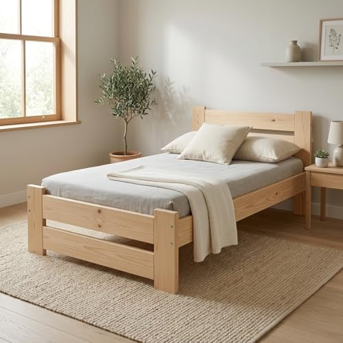 Need Sleep Einzelbett 90x200 cm aus Kiefer Massivholz – Bett mit hohem Kopfteil – stabiles Holzbett inkl. Lattenrost – naturbelassen