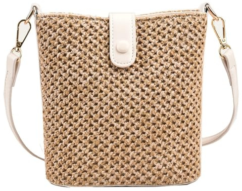 Stroh-Strandtaschen für Damen, Rattan-Geldbörse, Sommer, Stroh, Umhängetasche, Bast, Handtasche, Geldbörse, Umhängetasche, kleine Eimertasche 2024, Weiss/opulenter Garten, Large