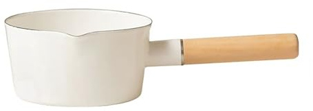 FYUEROPA Enamel Milk Pot, Butter Warmer Non-stick Saucepan, 6 Inch 37 Oz Cookware with Wooden Handle (White)