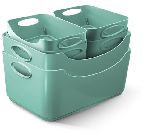 KEPLIN 6 Pack Plastic Storage Baskets with Handles, BPA-Free Dishwasher Safe Organiser Boxes for Kitchen, Bathroom, Pantry, Shelves & Drawers, Lightweight Space-Saving Containers, 33.3 x 23.4 x 14 cm