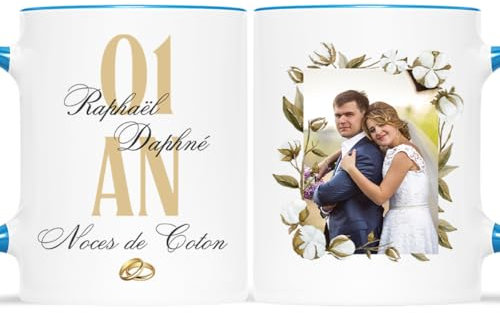 𝗖𝗔𝗗𝗘𝗔𝗨 𝗣𝗟𝗨𝗦 Mug Personnalisé Prénom et Photo - Noces De Coton - Cadeau de Mariage pour Couple, Cadeau 1 An couple, Cadeau 1 An de Mariage, Tasse Amour, Tasse Couple Personnalisable