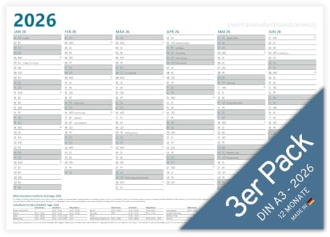 PuK Krämmer GmbH Jahresplaner 2026 A3 3er Pack | 12 Monate mit Ferien und Feiertage | gefaltet auf DIN A4 | 12 Monate Tafelkalender Vorder- und Rückseite DIN A3 quer Wandplaner
