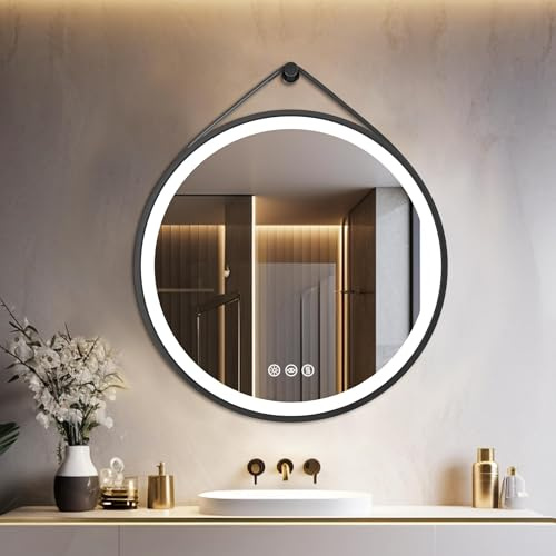 LUVODI Badrumsspegel med belysning rund 60 cm, badrumsspegel med svart ram, anti-dimma, 3 ljusfärger dimbar, minnesfunktion, touch, energisparande väggspegel IP67