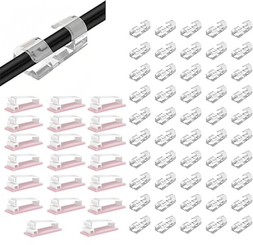 70 Piezas Sujetacables Autoadhesivos, 50 Sujeta Cables Pequeños + 20 Sujeta Cables Grandes, Grapas Cable Pared Adhesivo, Organización Cables, Sujetacables para el hogar, la oficina, transparente