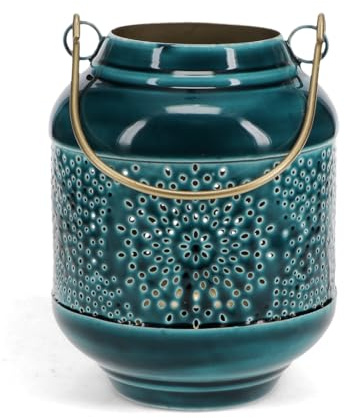 Enamel Tealight Lantern in Blue, Outdoor Candle Holder, Garden Hanging Light, Decorative Lanterns for Candles, Tea llight Stand, Portable Lamp, Patio Decor.