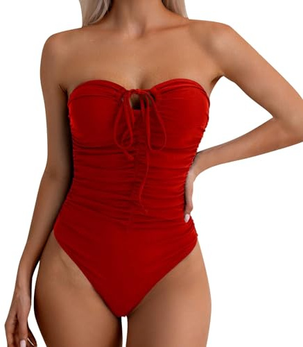 Sllowwa Maillot de bain bandeau gainant noir une pièce pour femme - Couleur unie - Plissé - Sans bretelles - Avec nœud sur le devant - Dos nu - Été 2025