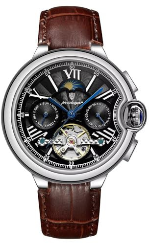 W WOLF-CUB Mode herr Tourbillon klockor automatisk mekanisk armbandsur multifunktionell vattentät sport manlig klocka män vardaglig affärsklocka, Brun ochsvart