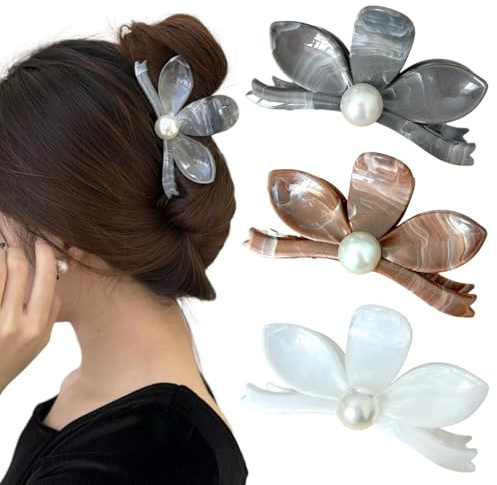 3 Stück Blumen Kunstperlen Haarklammer Groß Set Haarspangen Damen Elegante Haarclips für Frauen Dickes Dünnes Haarschmuck