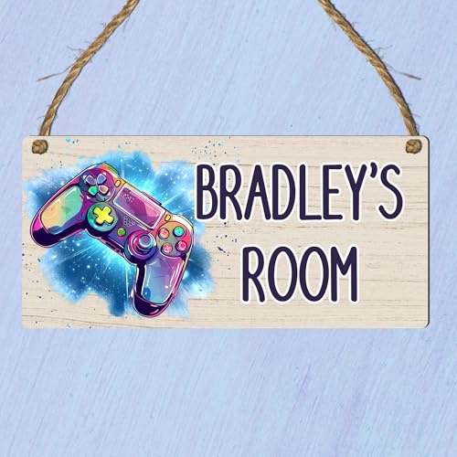 Custom Kids Room Name Plaque | Personalised Boys Bedroom Sign | Wooden Hanging Door Sign | Car, Dinosaur, Football, Tractor, Gaming Designs (Gaming)