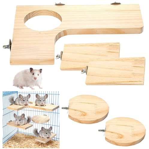 5 PCS Hamster Zubehör Set, Kleintier Plattform Hamster Spielzeug aus Holz für Käfig Meerschweinchen Chinchilla Ratten Wellensittich Eichhörnchen Honiggleiter Sprungbrett Runde Rechteck DIY Dekor