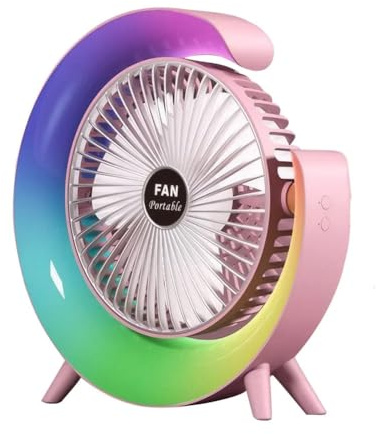 Flaroey Ventilador Portátil Recargable por USB, Ventilador LED 7 Colores, Ventilador Eléctrico Ajustable A 180°, Ventiladores Camping, Mini Ventilador Escritorio 3 Velocidades, Color Rosa