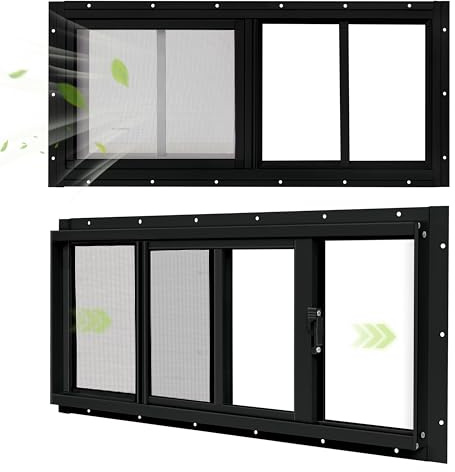 BOBIBAN 2 Pack Shed Windows, 10x 18 Black Sliding Window Suitable for Chicken Coop, shed, Household, Barn - Transom Window with Tempered Glass and Fiberglass Screen (BK,10''x 18'')