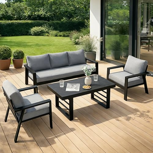 Atenza Gartenmöbel Set, Aluminium Balkonmöbel Set, 3-Sitzer Sofa, 2 x Einzelsessel, 1 x Esstisch, Kissen & Sitzkissen, Wetterfest Balkon Lounge für Garten Balkon Terrasse (Schwarz, 3-Sitzer Sofa Set)