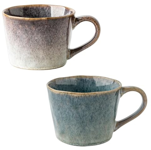 Tassen-Set 2-teilig aus Keramik, 350ml – Handgefertigte Kaffeetassen mit Reaktivglasur – Rustikale Becher für Kaffee, Tee & Cappuccino – Blau & Grau, Spülmaschinenfest & Mikrowellengeeignet