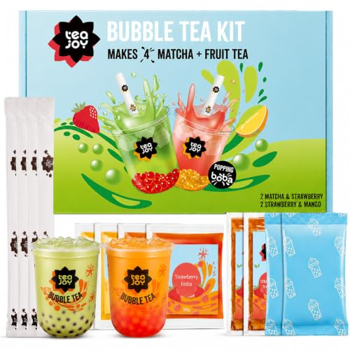 TeaJoy Matcha Bubble Tea Kit | Boba Kit For 4 Drinks | Matcha & Strawberry Milk Tea, Strawberry & Mango Fruit Tea with Popping Boba | Just Add Milk or Water & Ice | Vegan Friendly Boba Tea kit