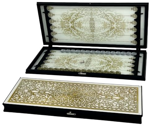GROSS MEISTER Luxus Backgammon Set aus Glas – Royal White & Gold Edition – Exklusives Brettspiel mit gehärtetem Glas und Aluminiumrahmen – Elegantes Barock-Design Koffer-Set
