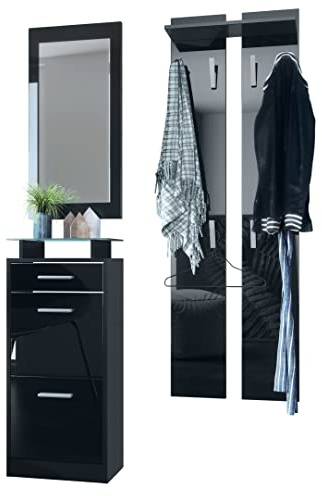 Vladon Garderobenset Garderobe Loret V2 Mini, Korpus in Schwarz matt/Front in Schwarz Hochglanz