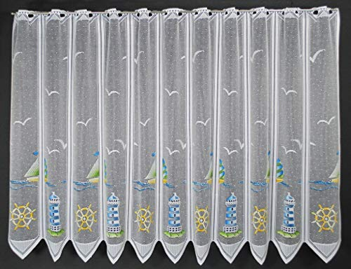 frankgardinen Scheibengardine Leuchtturm 90 cm hoch Blau Grün Gelb - Wunschbreite frei wählbar durch gekaufte Menge in 28,5 cm Schritten - Meterware