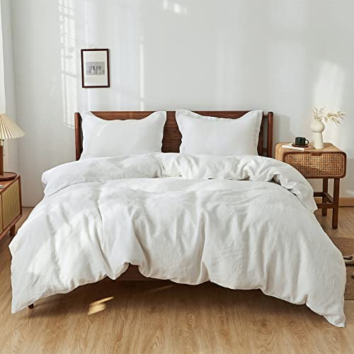 Simple&Opulence 100% Linen Duvet Cover Set, 3 PCS Natural French Flax White Duvet Cover King Size, Breathable Soft Comfy Linen Bedding Comforter Cover with 2 Pillowcases(White, 104x92)