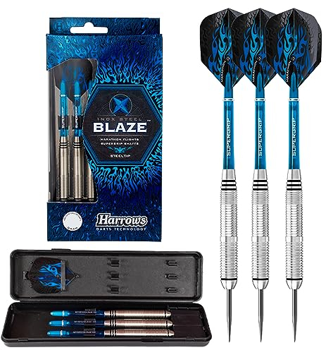 Harrows Blaze INOX Darts | Steeldarts-Set mit Tragetasche | 21g, 22g, 23g & 24g | Enthält Supergrip-Schäfte und 100-Mikron-Marathon-Flights (24g)