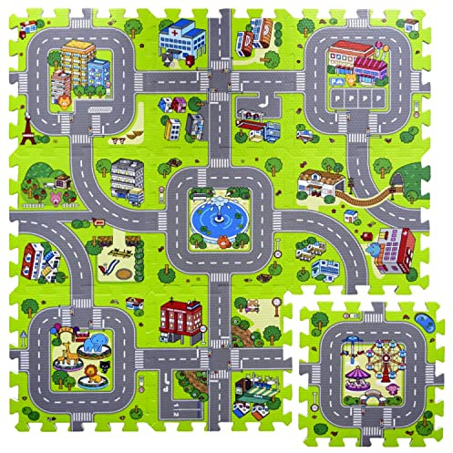 Meitoku - Tapis puzzle en caoutchouc EVA pour enfant Imprimé : circuit et routes. Dimensions : 90 x 90 x 1 cm. Pièces interchangeables.