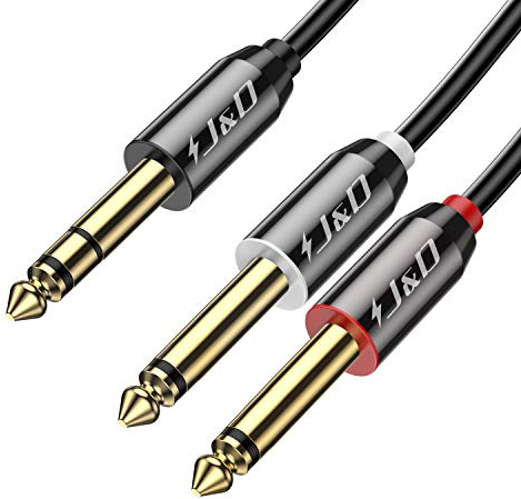 J&D 1/4 inch TRS Y-Splitter Insert Cable Lead Stereo Jack Cable 15 Feet/4.5 Meter, Gold Plated Copper Shell 6.35mm TRS Male to Dual 6.35mm TS Male Mono Breakout Patch Cord for Amplifier, Speaker