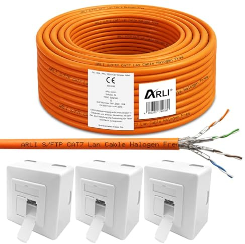 ARLI CAT 7 100m Verlegekabel Netzwerkkabel CAT.7 + 3x Cat6a Netzwerkdose LAN Halogenfrei Installationskabel S/FTP CAT7 PIMF Kabel Netzwerk Verkabelung Datenkabel AWG23/1 100 m Netzwerk Cat 6a Dose