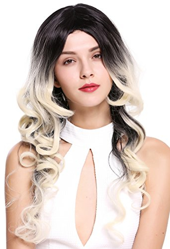 WIG ME UP - ZM-1668-613R1B Extravagant Lady Quality Wig Diva long curled ombre mix black platinum blond middle parting