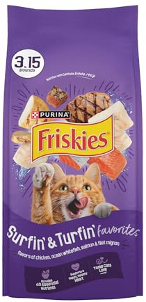 Purina Friskies Cat Food Surfin and Turfin Favorites Flavors of Chicken, Whitefish, Salmon and Filet Mignon - (Pack of 4) 3.15 lb. Bags
