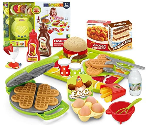 Koolbitz 42 PCs Play Food Set for Children, Pretend Play Waffle Maker & Take Apart Hamburger Toy with Serving Tray, Educational Role Play Fast Food Restaurant Playset Gift for Kids 3+ Years
