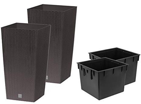 Juego de 2 macetas cuadradas altas de ratán de plástico para interiores y exteriores + set de insertos (35 litros, marrón)