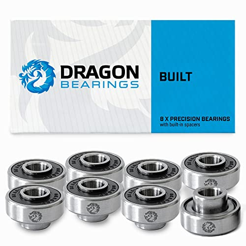 Dragon Skateboard Bearings Set (8 Pack) - 608 Longboard Bearings for Skateboard Inline & Roller Skate - Easy Install Built in Bearings - Guaranteed for Life (Built)