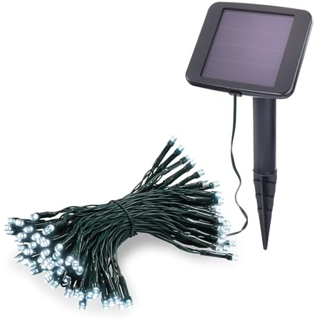 Esotec Solar Lichterkette outdoor Gartenbeleuchtung 100 LED kaltweiß 10216 | 100 kaltweiße LEDs auf 10 m, Solarbetrieb mit wechselbarem Akku, Dauer- oder Blinklicht, automatische Dämmerungsschaltung.