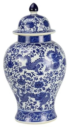 Fine Asianliving Pot à Gingembre Chinois Dragon Bleu et Blanc Diam27xH51cm Chinois Vase avec Couvercle Asiatique Jingdezhen Mandarin Décorative