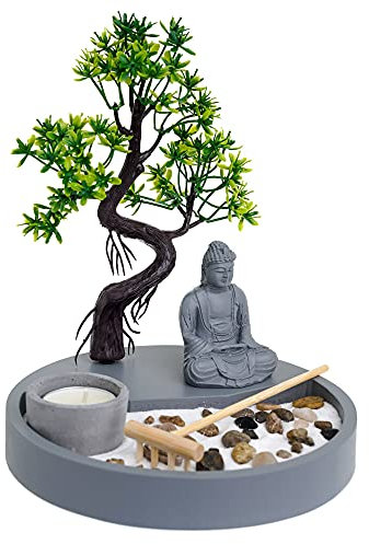London Boutique Zen Garden Thai Buddha - Candle Holder - White Sand - Decorative Stones - Wooden Shovel - Round Base