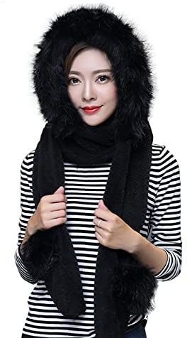 iNelihoo 3-in-1 Damen Winter Kapuzenschal mit Fäustlingen Thermal Kunstpelz Kapuzenschal Neckwarmer Hoodie Tasche Warmer Outdoor-Ohrschal Winddicht Kälteschutz Mütze Schal Handschuhe Set
