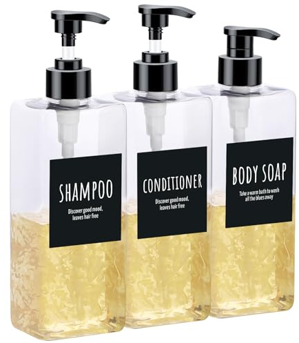 Segbeauty Dispensador de jabón, Paquete de 3 dotellas de champú de 500 ml, Botella de Bomba vacía Recargable con Etiquetas, para baño de Cocina, Transparente