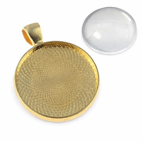 Perlin Cabochon Anhänger Set 20 mm Gold 6 Stück Metall Fassungen mit Glas Cabochons Schmuck Basteln DIY Kettenanhänger Rohlinge Medaillon Rund
