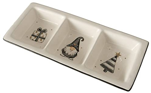 MamboCat Jörgen Servier-Teller 3-geteilt I L31 cm I Wichtel mit Gepunkteter Mütze, Geschenk & Tanne I Weihnachten I Steingut-Tablett mit 3-Fächern, Platte I Dip, Snack-Schälchen, Plätzchen, Pralinen